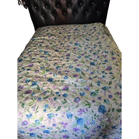 Vintage 70s Dahlia Flower Spring Blue Purple Cottagecore Bedspread Comforter Bla - Picture 1 of 9